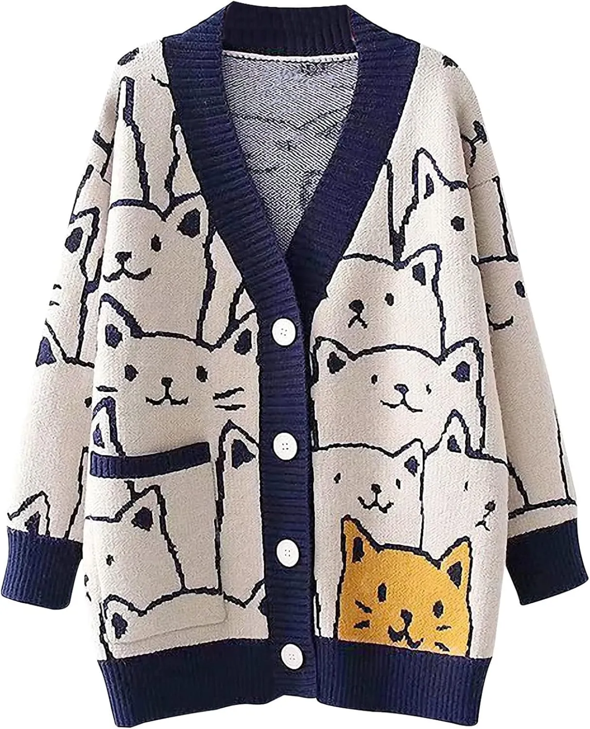 Wyeysyt Cat Sweater for Women Casual Button Down V Neck Cable Knit Cardigan Cute Kawaii Cartoon Cardigan Coat(Navy-XL)