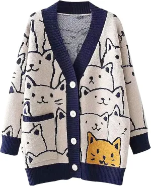 Wyeysyt Cat Sweater for Women Casual Button Down V Neck Cable Knit Cardigan Cute Kawaii Cartoon Cardigan Coat(Navy-XL)